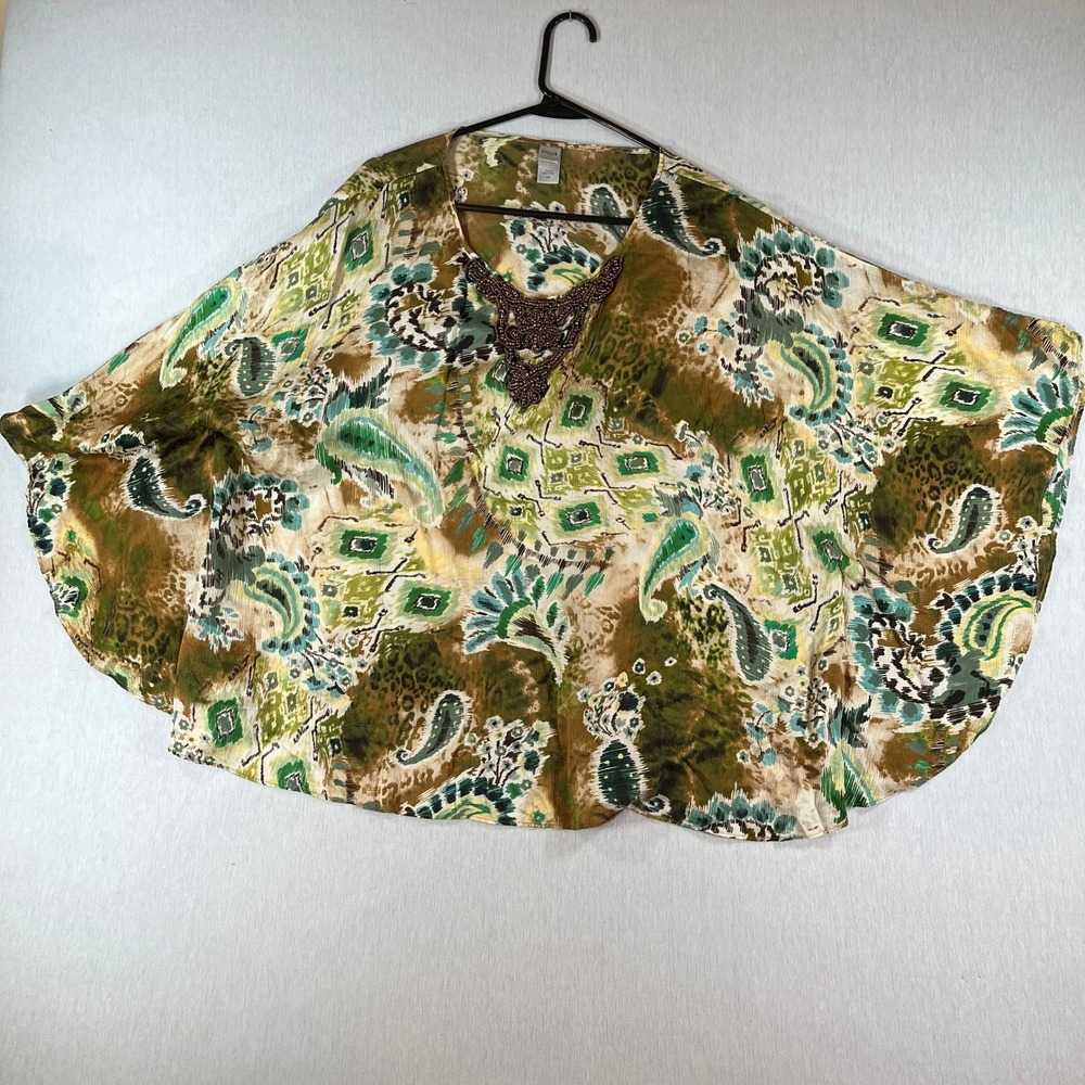 Chicos Silk Beaded Poncho Top L/XL Green Paisley Print V-Neck Blouse Light Flow